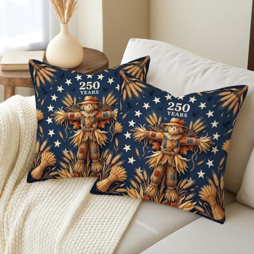 Scarecrow Throw Pillow Covers Set of 2, Fall Rustic Wheat Stars Fall