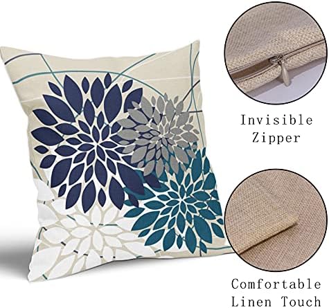 Navy Blue Teal White Grey Flower Pillow Covers 22x22 Set of 2 Dahlia