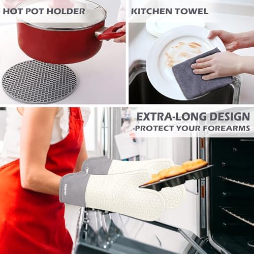 Extra Long Oven Mitts and Potholders 6Pcs Set, 500°F Heat Resistant