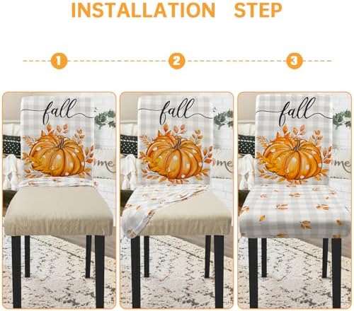 Fall Chair Covers Set of 6 Neutral Gingham Pumpkin Parsons Chair