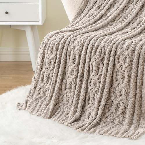 Battilo Light Grey Throw Blanket for Couch, Woven Chenille Knit Throw