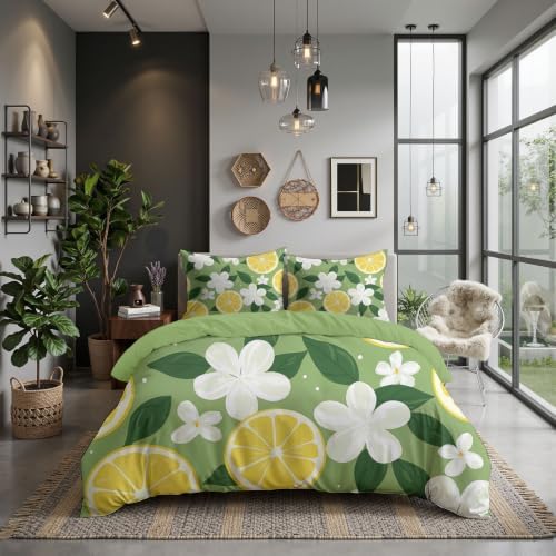 Sage Green Cartoon Lemon Slice Floral Duvet Cover Set for Women Girls