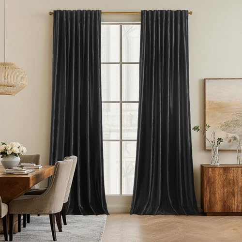 Black Blackout Velvet Curtains 72 inch for Living Room,Full Blackout