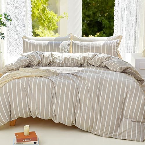 DONEUS Striped Duvet Cover Set 100% Washed Cotton Linen Like Queen