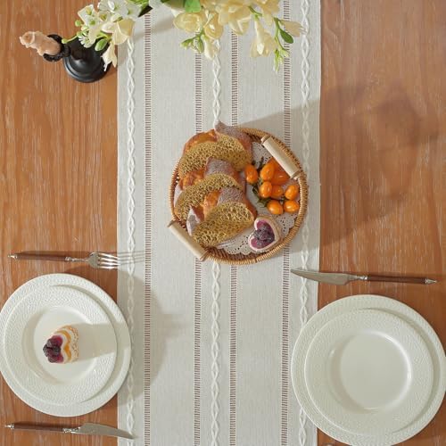 Niviy Beige Boho Cotton Linen Table Runner, Farmhouse Woven Table