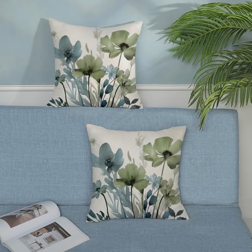 Spring Floral Pillow Covers 22x22 Inches Set of 2 Sage Green Blue