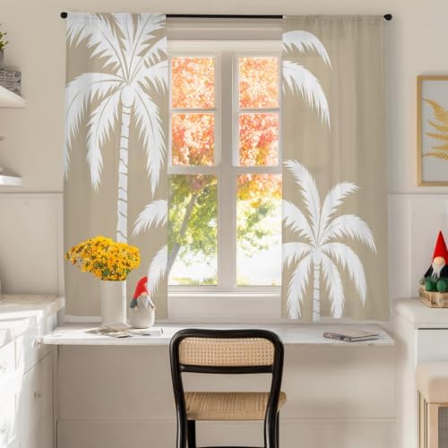Brown Palm Tree Sheer Curtains 72 Inches Long, Coastal Tropical Summer