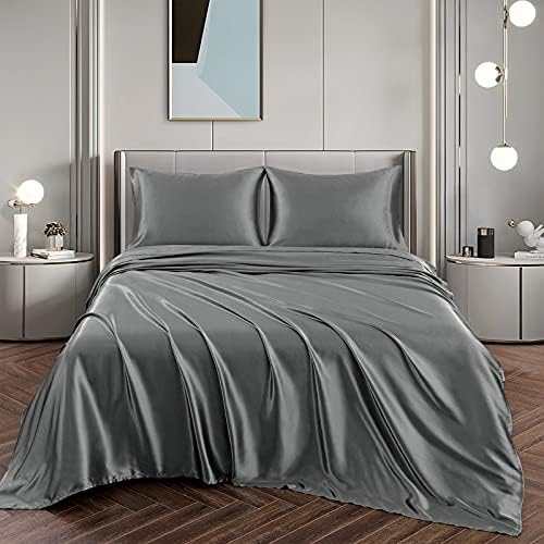 4 Piece Silky Soft Satin Bed Sheets Silk Sheet Set Breathable Cooling