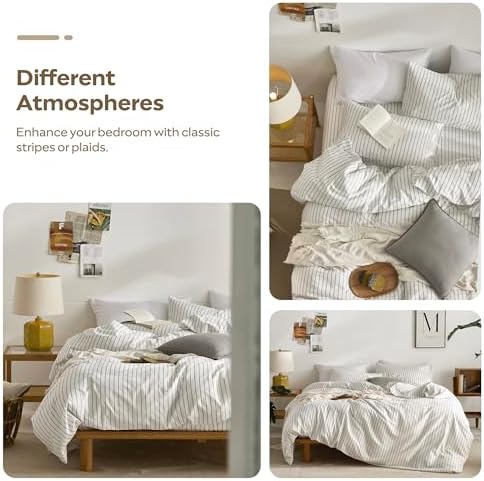 JELLYMONI 100% Cotton Vertical Stripe King Duvet Cover Set, Grey