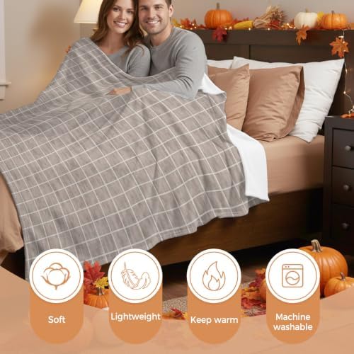 Taupe Plaid Blanket Plush Cozy Fuzzy Throw Blanket for Couch/Travel