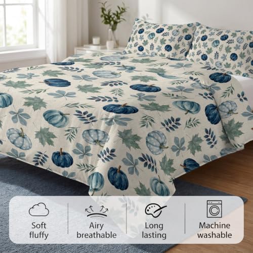 Blue Pumpkins Fall Duvet Cover Set 3 Pieces with Zipper Closure