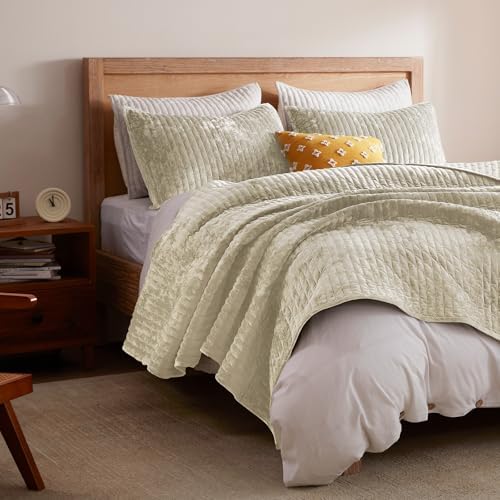 LEAONME Velvet Quilt King Size 98''x106'', Lightweight Beige Velvet