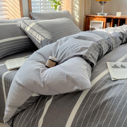 Modern Grey White Striped Duvet Cover Set TwinXL Size 3 Pieces Washed