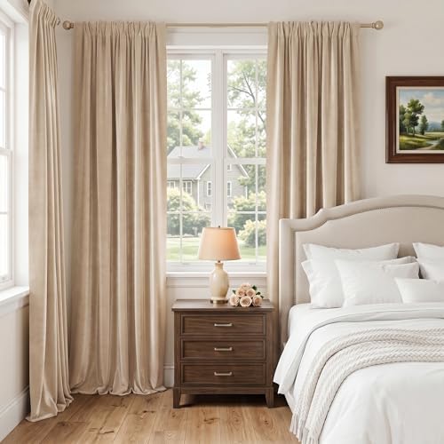 Dchola Creamy Beige Velvet Blackout Curtains Rod Pocket 52x108, 2