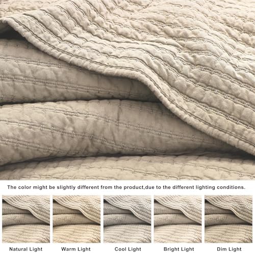 WDCOZY 100% Cotton California King Size Quilt Set, Pick Stitch, Beige