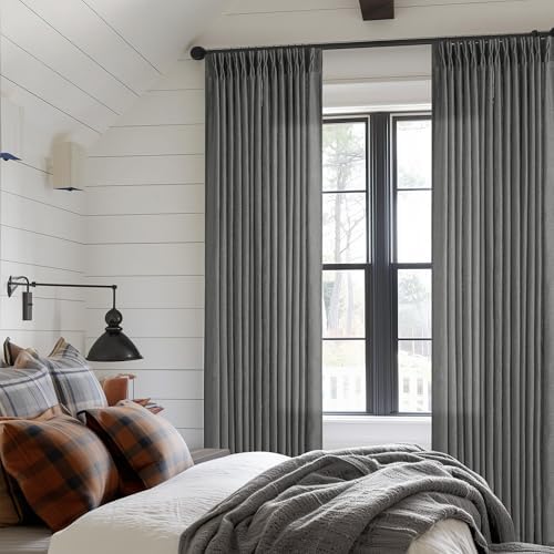 Charcoal Gray Linen Pinch Pleat Semi Sheer 120 Inch Curtains 2 Panels
