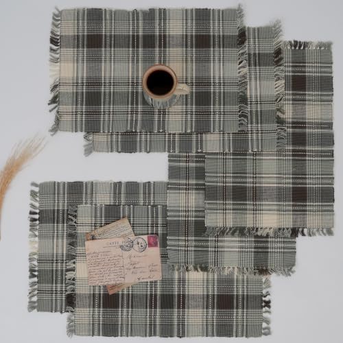 Woven Cotton Placemats Set of 6, Ribbed Fringe Table Mats for Dining