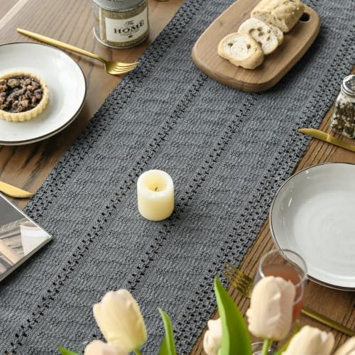 Artoid Mode Dark Grey Woven Farmhouse Hollow Table Runner 12x72 Inch