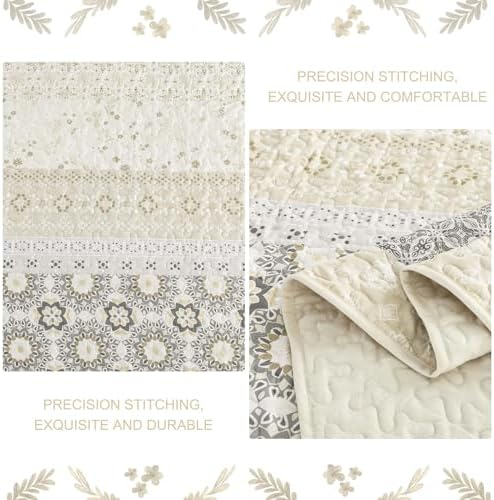 WONGS BEDDING Boho Quilt Set Queen,3 Pcs Beige Floral Striped