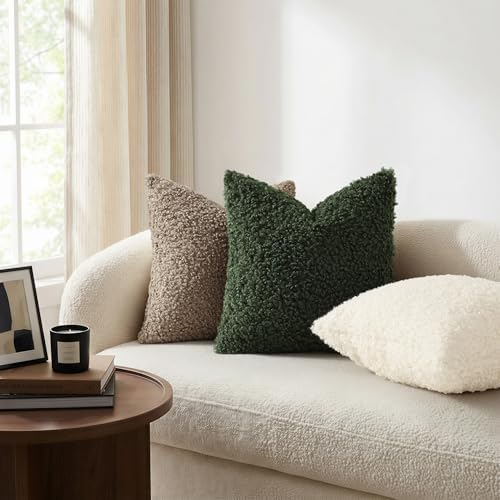 decorUhome Sherpa Decorative Throw Pillow Covers 22x22 Set of 2 Olive