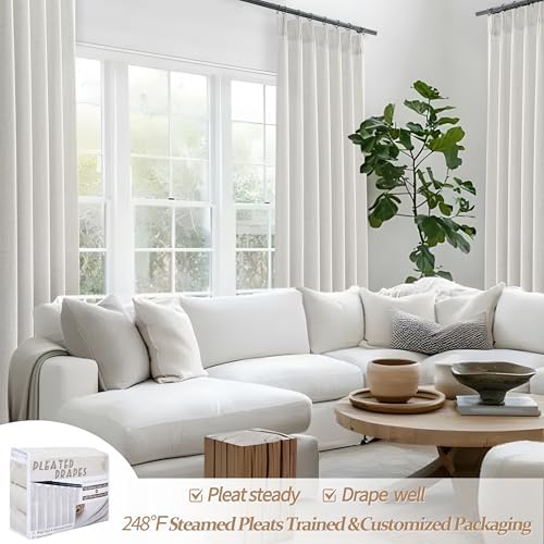 Beige White Pinch Pleated 63 Inch Length Kitchen Window Curtains Over