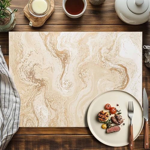 Placemats Set of 6, Beige Marble Cotton Linen Place Mats, Chic Neutral