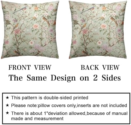 Green Floral Bird Pillow Covers 22x22 Set of 2 Chinoiserie Throw