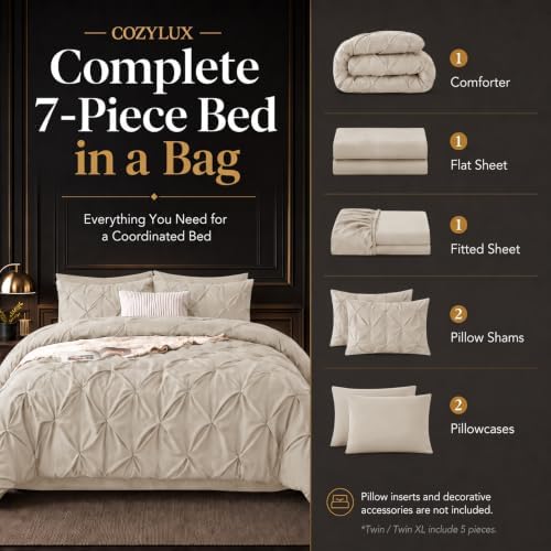CozyLux California King Comforter Set Beige, 7 Pieces Pintuck Bed in a