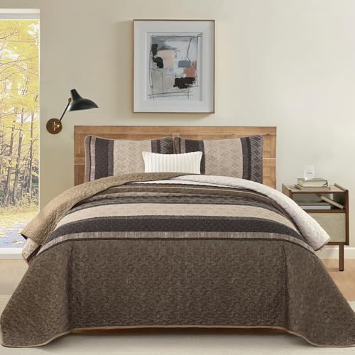 Dinjoy Boho Queen Quilt Set, Striped Soft Bedspread, Taupe