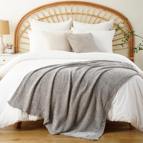 Chenille Throw Blanket for Couch Sofa, Light Grey Throw Blanket