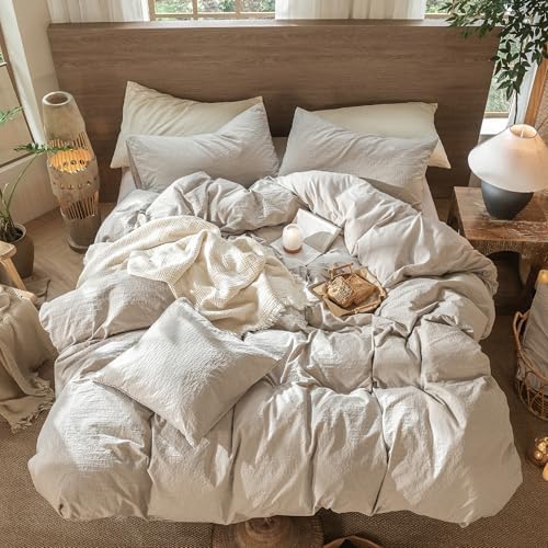 MooMee Jacquard Duvet Cover Set 100% Washed Cotton Linen Like Cal King