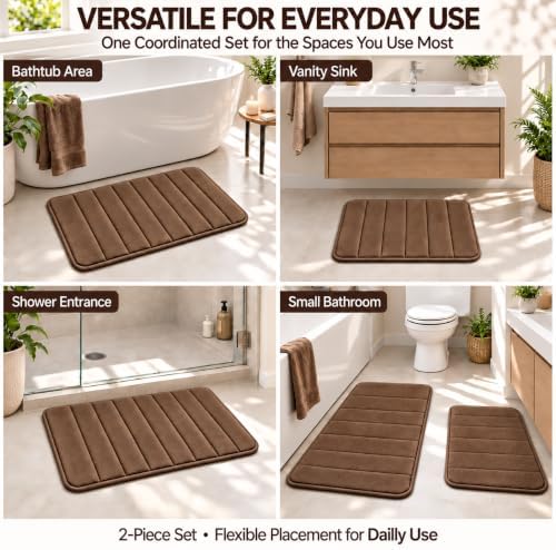 Beige Bathroom Rugs Set 2 Piece Memory Foam Bath Non-Slip Bath