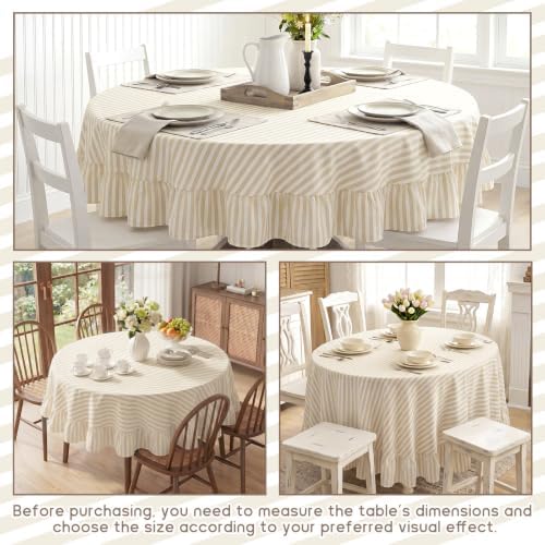 Mindsoft Beige Striped Ruffled Round Tablecloth 70 x 70 Inches