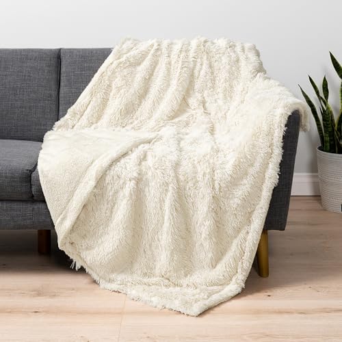 PAVILIA Cream Beige Fluffy Fuzzy Faux Fur King Size Blanket for Bed