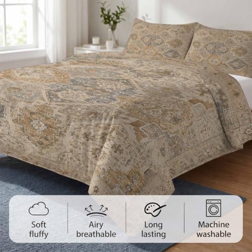 Beige Grey Boho Duvet Cover Set 3 Pieces with Zipper Closure, Vintage