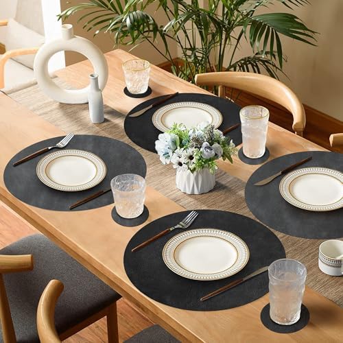 Round Placemats and Coasters Set of 4, Washable Reversible Faux