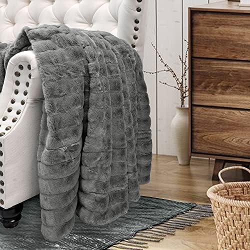 Stripe Faux Fur Throw Blanket with Sherpa Back, 60"x80", Dark Gray