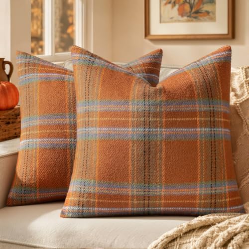 MIULEE Fall Plaid Decorative Pillow Covers Set of 2 22x22 Orange