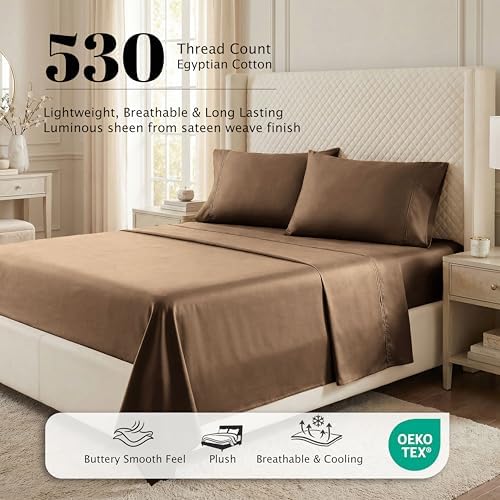SUPERIOR Egyptian Cotton 530 TC Deep Pocket Sheet Set, Full, Taupe