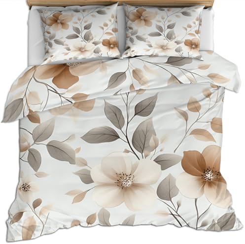 Vintage Floral Duvet Cover Queen Size, Tan Beige Flower Bedding Set