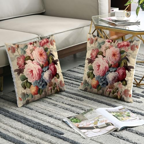 French Country Rose Throw Pillow Covers Pack of 2 Vintage Floral Plant