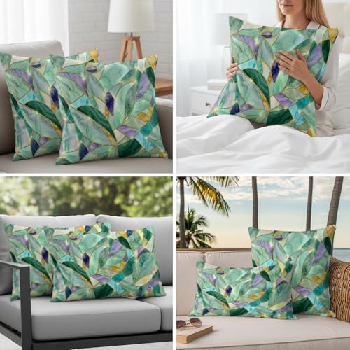 Set of 2 Abstract Leaf Pillow Covers Crystals Gold Veins Luxury