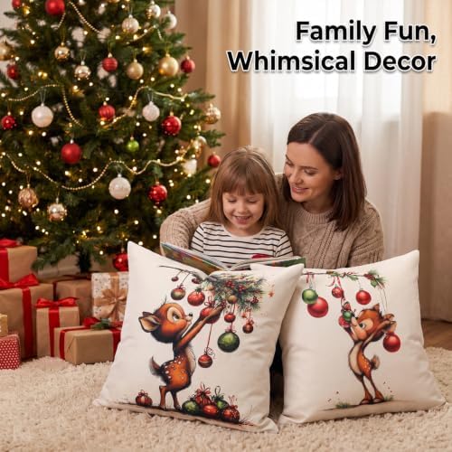 Christmas Pillow Covers 18x18 Ivory Red Deer Farmhouse Decor for Couch