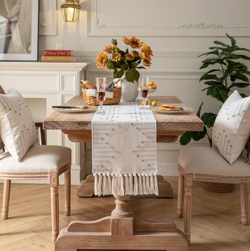 Caflife Grey Beige Cotton Linen Rustic Boho Table Runner 13 x 72 Inch