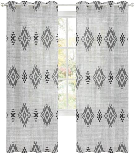 Grey Boho Sheer Curtains 63 Inch Length 2 Panels Set Western Ethnic