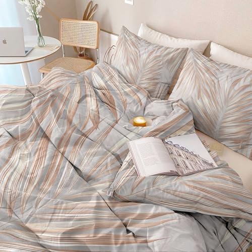 Duvet Cover Set Plants 3D Minimalist Palm Leaves - Light Gray Soft
