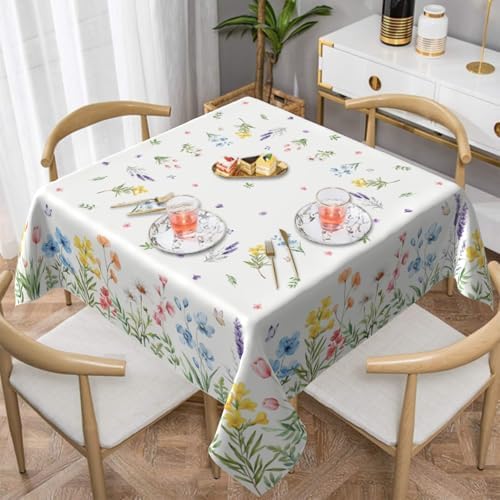 Spring Floral Tablecloth Square 60x60 Inch Green Pink Blue Yellow
