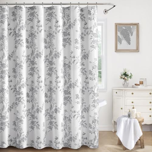 Grey Floral Shower Curtain,Vintage Cotton Cottagecore Gray Shower