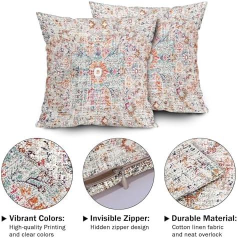 Orange Teal Pink Vintage Bohemian Pillow Covers 20x20 Inch Gray Beige