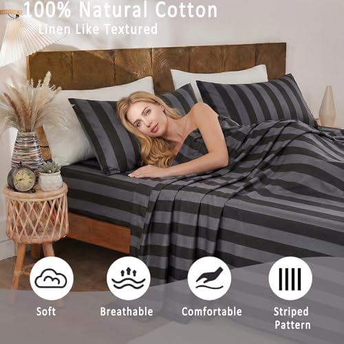 Merryword 100% Cotton Sheet Set King Size - Black and Gray Stripes